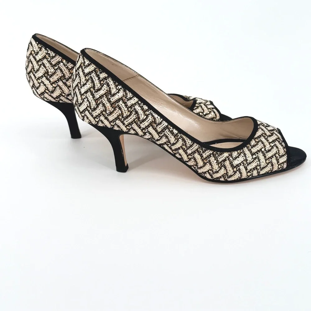 Caparros Womens Black Gold Woven Peep Toe Kitten‎ 3.5
